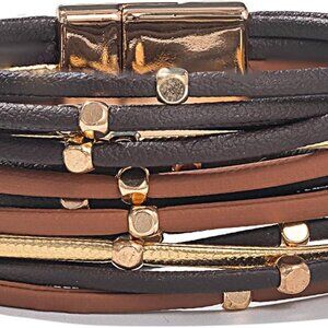Beaded Leather Wrap Bracelet Faux Leather Boho Stackable Cuff Magnetic Clasp